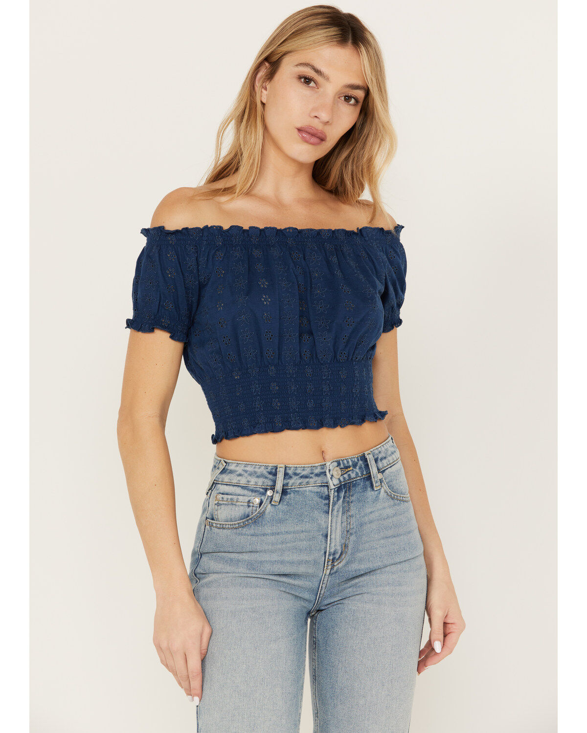 Cleo + Wolf Women's Knit Eyelet Smocked Crop Top