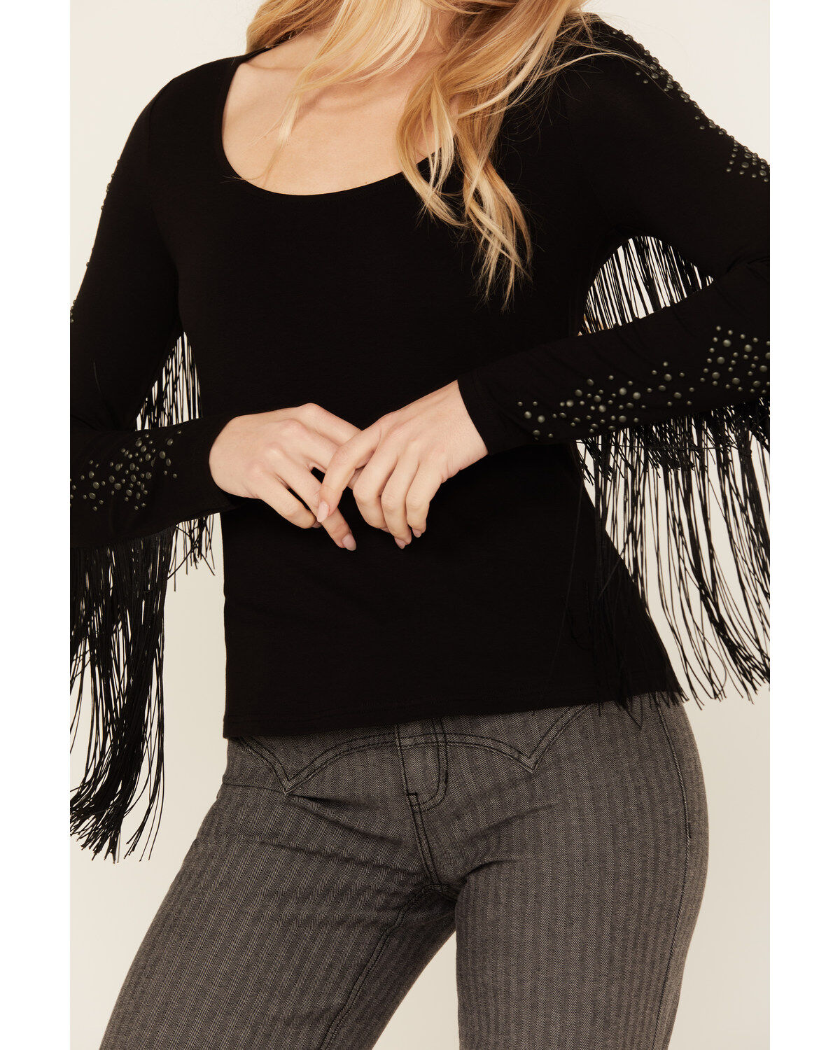 Idyllwind Women's Doris Studded Fringe Long Sleeve Top