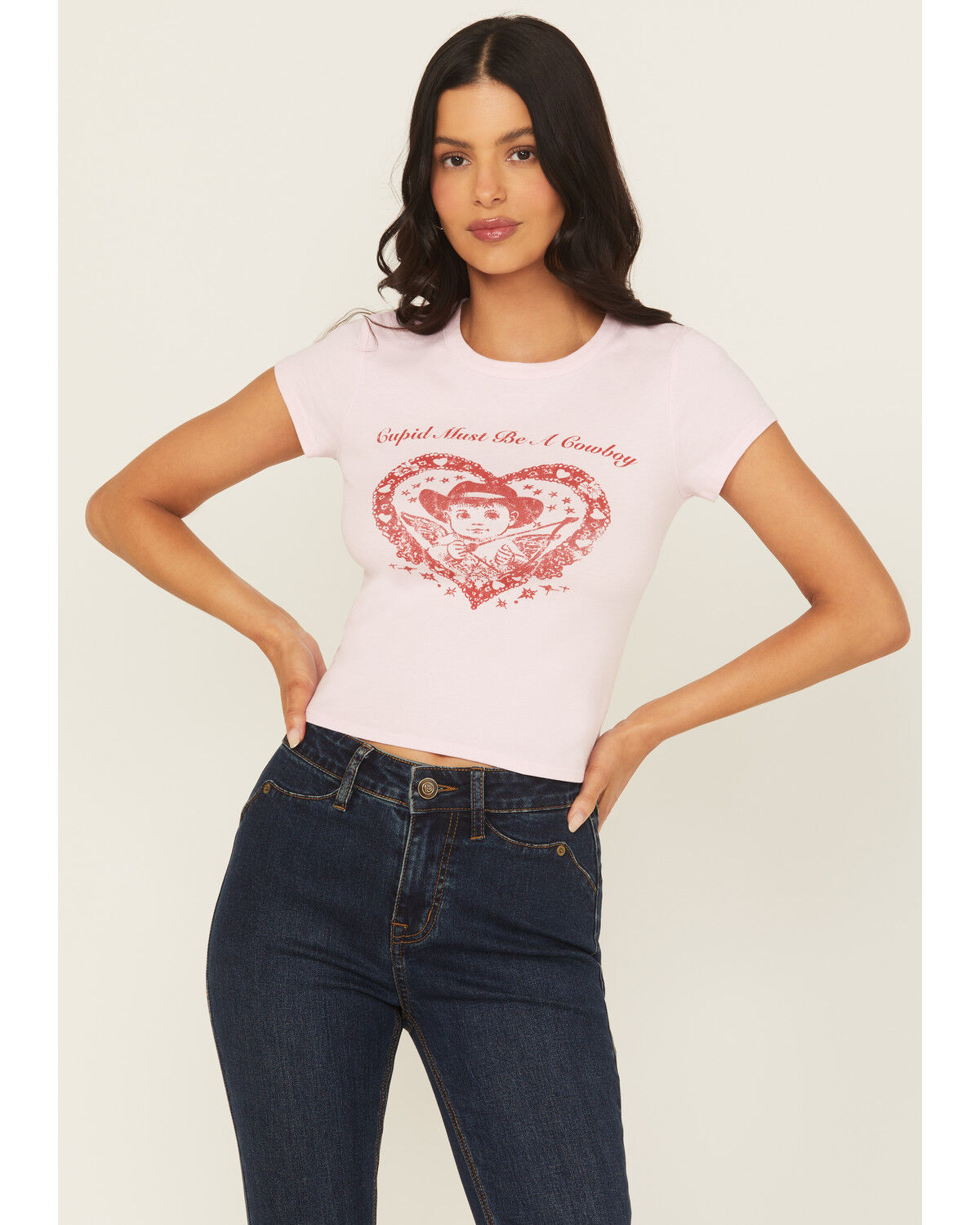 Originality Women's Cupid Cowboy Short Sleeve Baby Graphic Tee