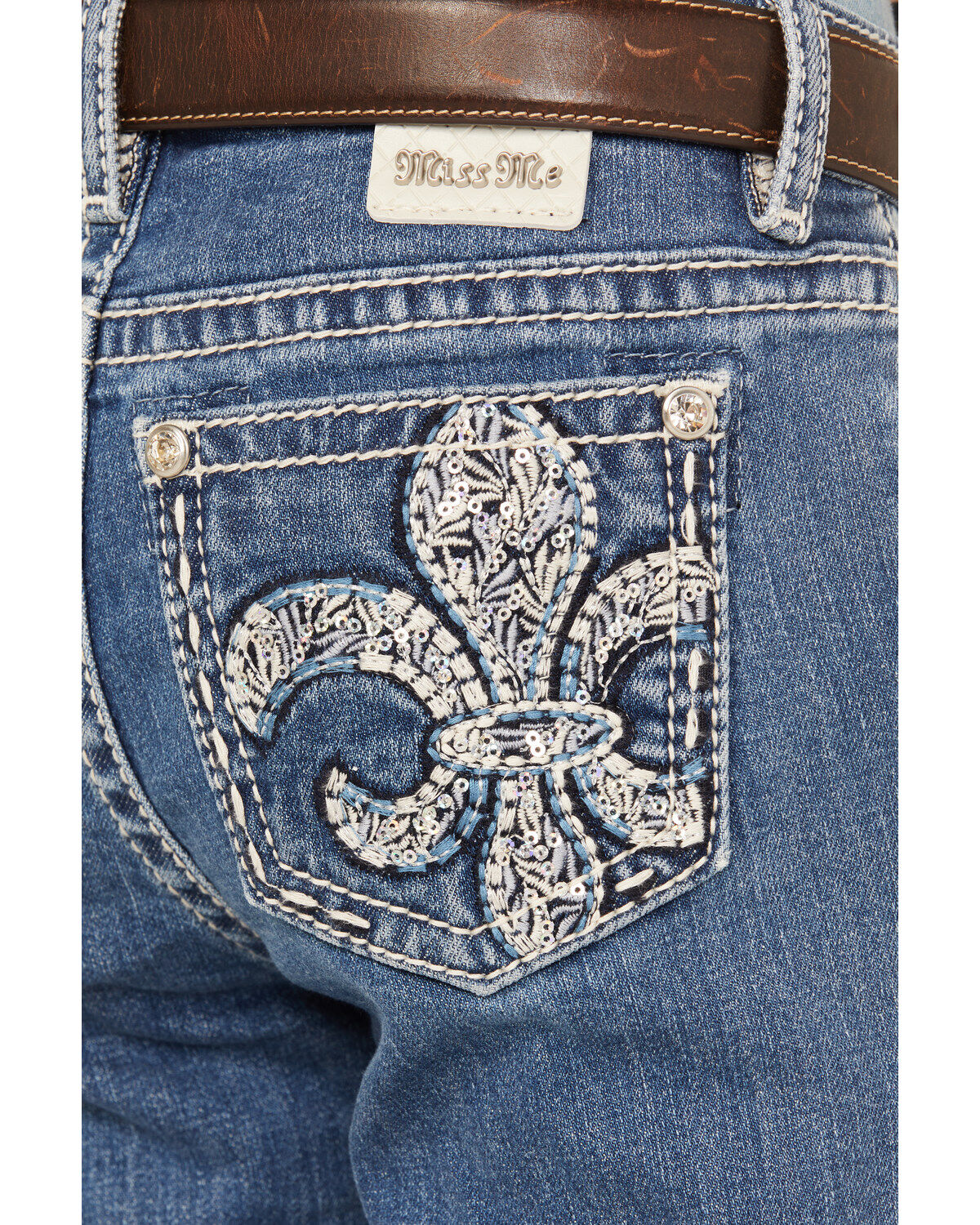 Miss Me Girls' Dark Wash Sequins Fleur de Lis Stretch Bootcut Jeans