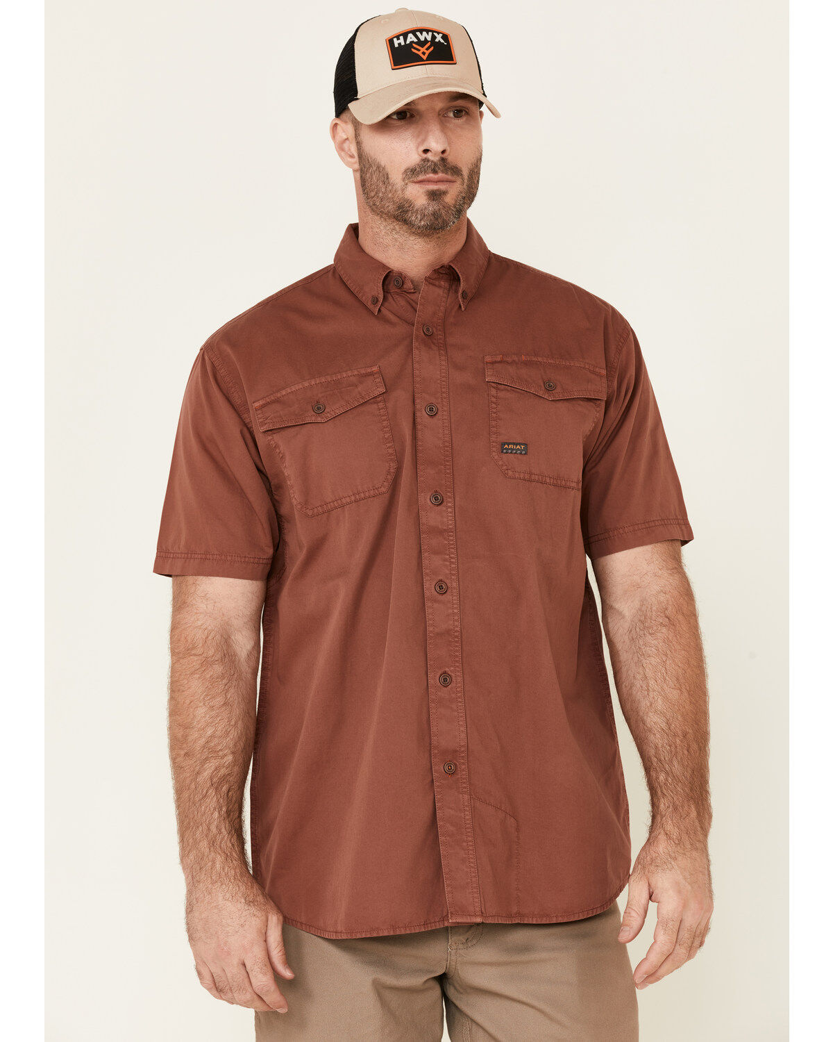 Ariat Men's Henna Solid Rebar Washed Twill Short Sleeve Button Down Work Shirt
