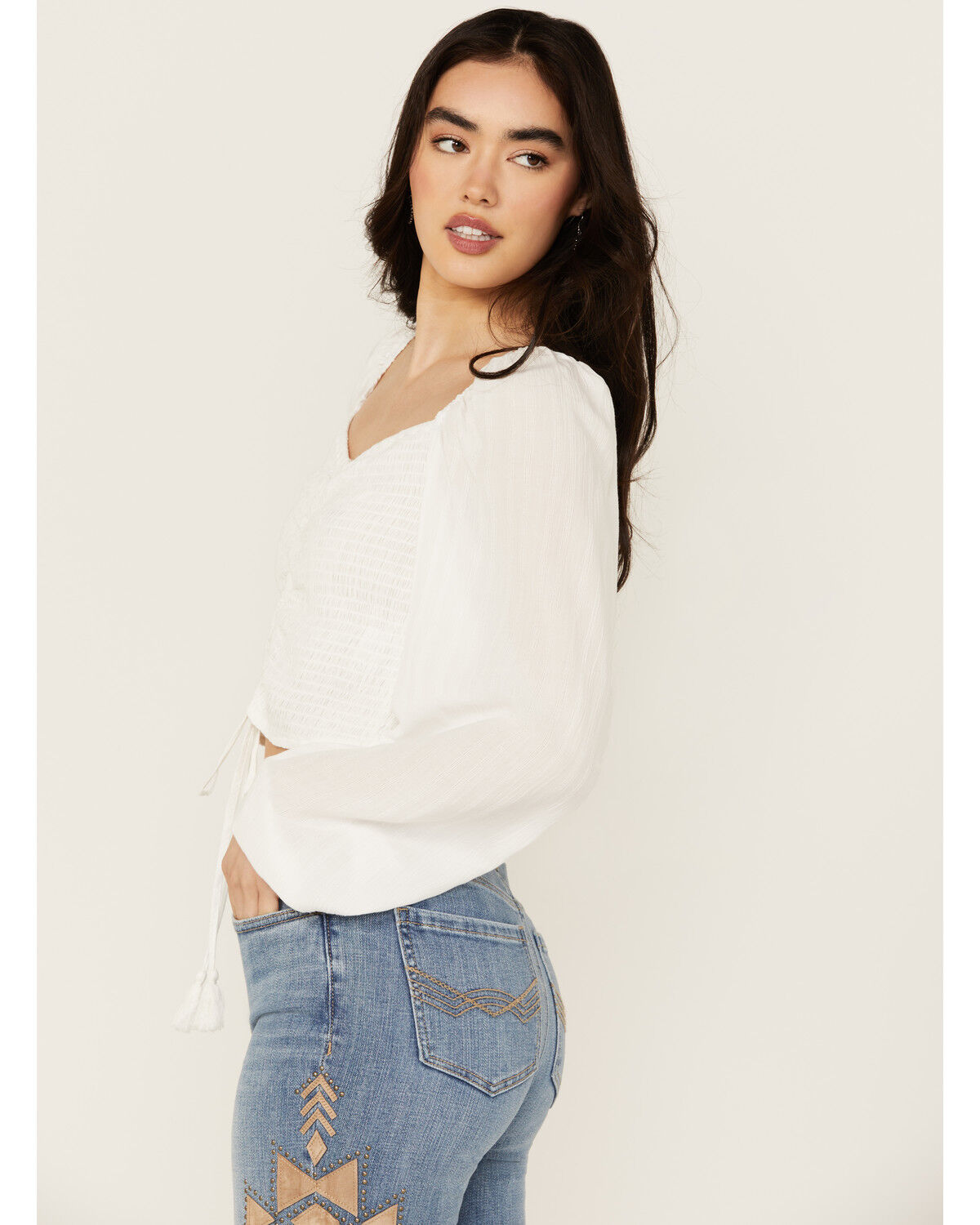 Idyllwind Women's Lena Smocked Long Sleeve Cropped Blouse