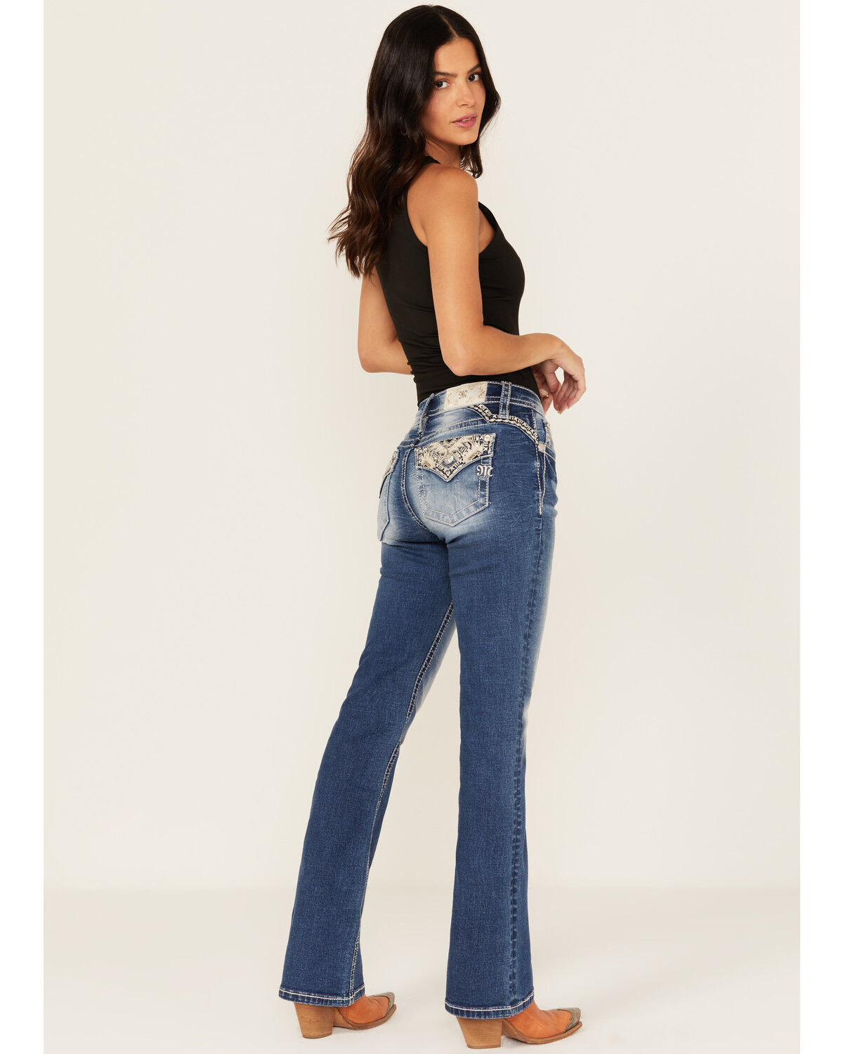 Miss Me Women's Medium Wash Mid Rise Southwestern Print Pocket Bootcut Stretch Denim Jeans