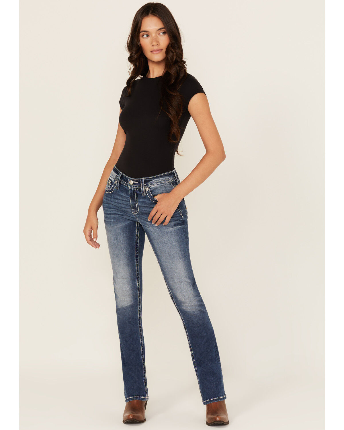 Miss Me Women's Dark Wash Mid Rise Cross Pocket Slim Bootcut Stretch Denim Jeans