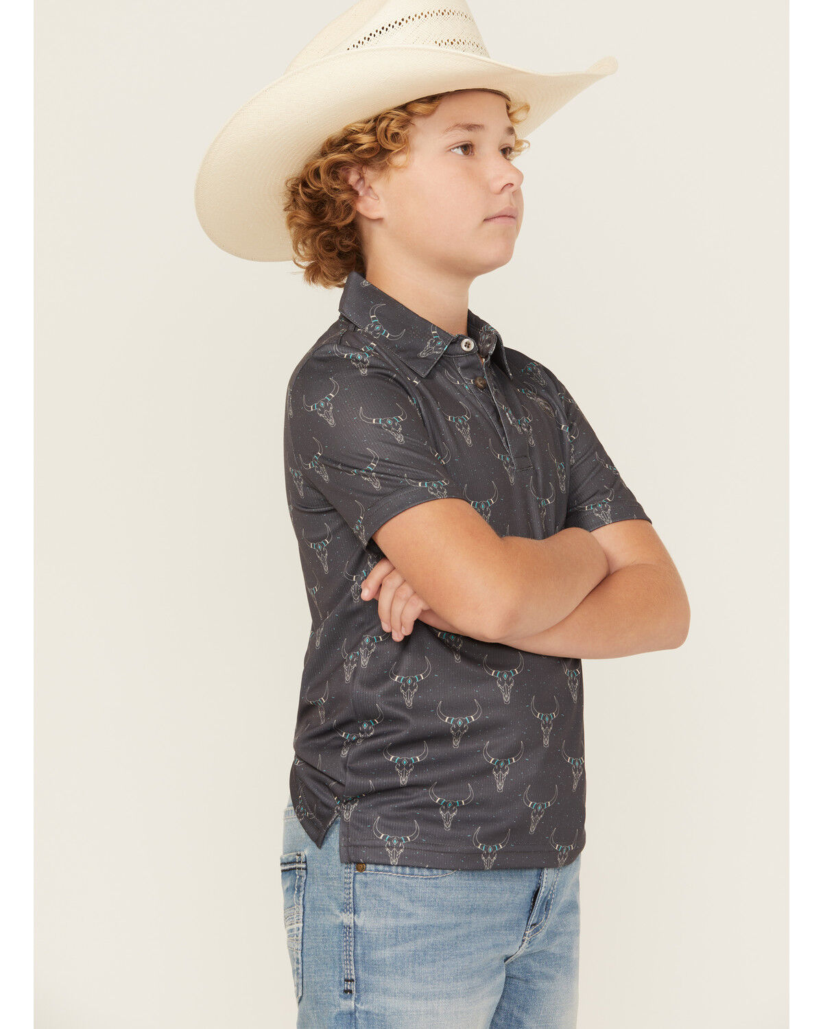 Rock & Roll Denim Boys' Long Horn Print Short Sleeve Button-Down Polo