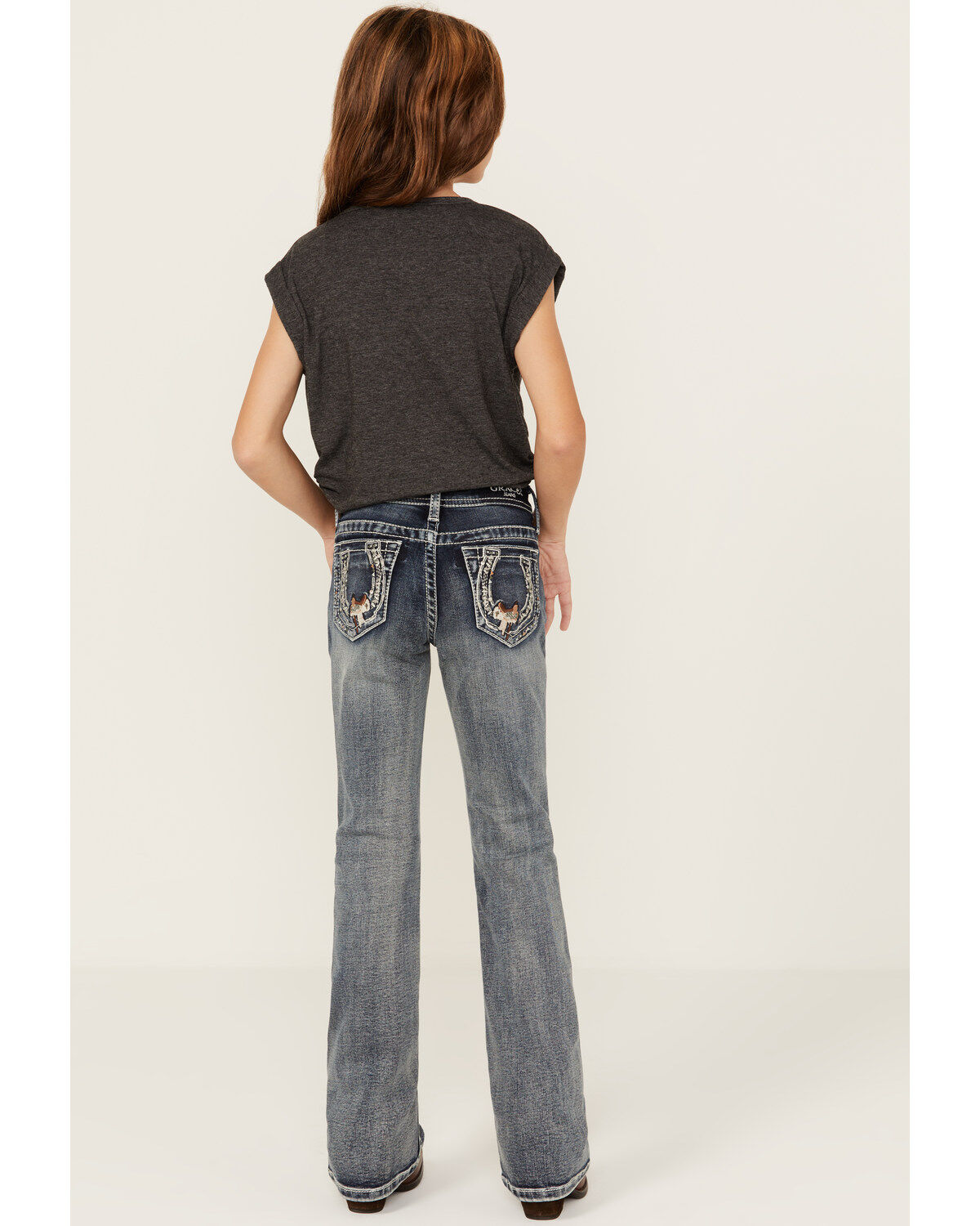 Grace in LA Girls' Medium Wash Horseshoe Embroidered Stretch Bootcut Jeans