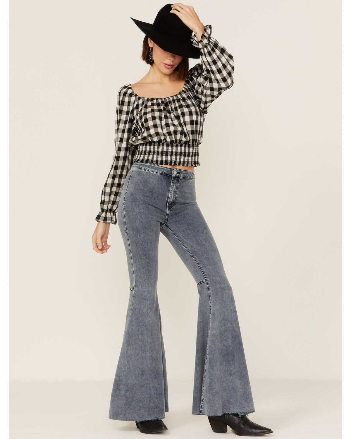 Beyond The Radar Women's Gingham Tie Back Smocked Blouse