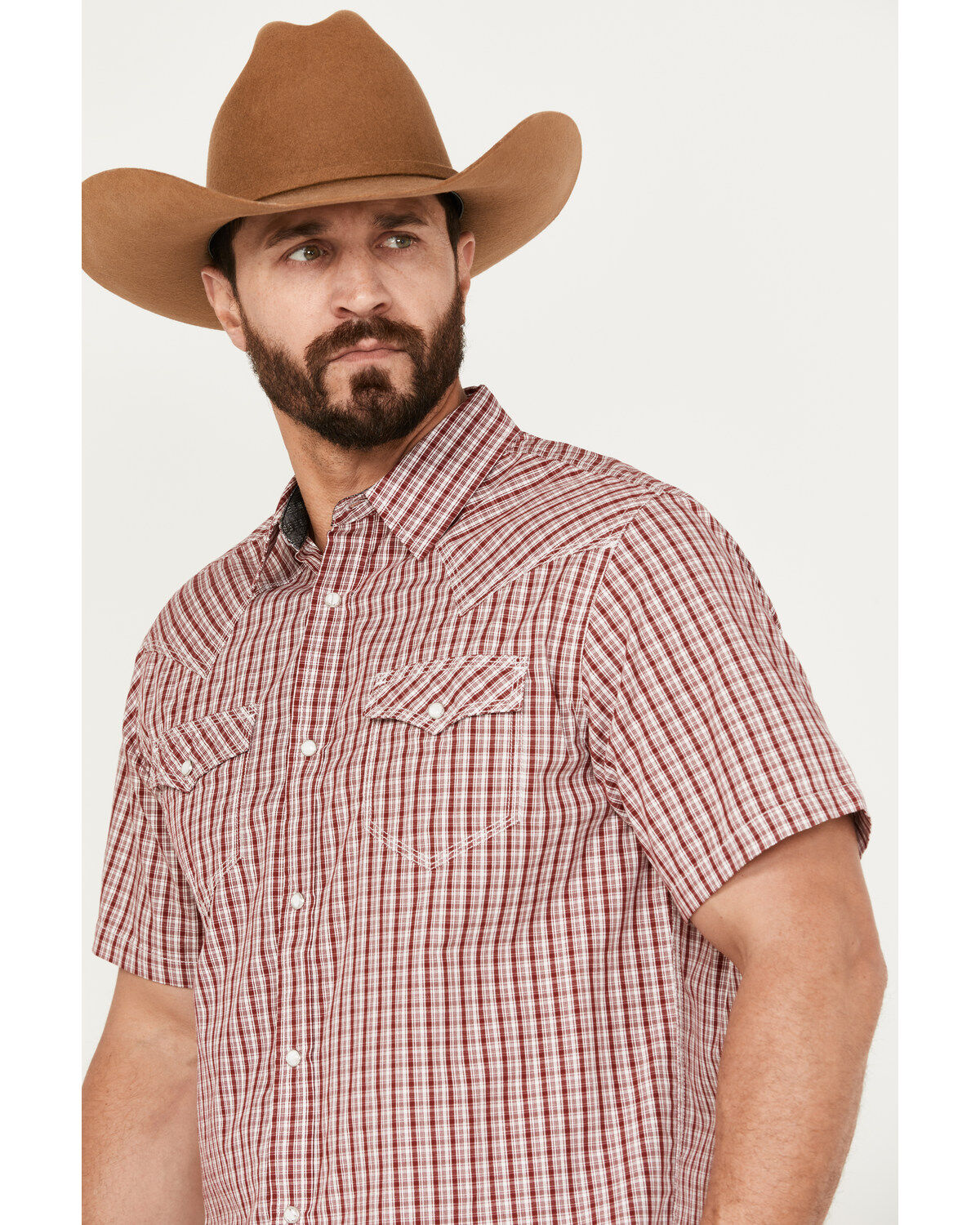 Moonshine Spirit Men's Stage Light Plaid Print Short Sleeve Western Pearl Snap Shirt