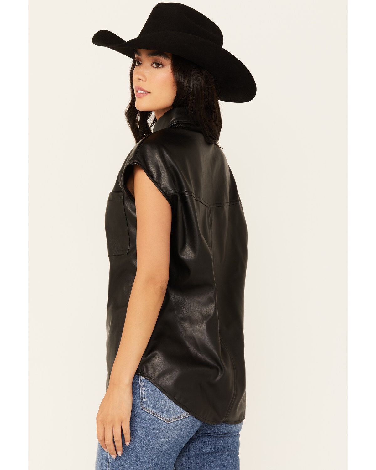 Revel Women's Faux Leather Button-Down Cap Sleeve Top