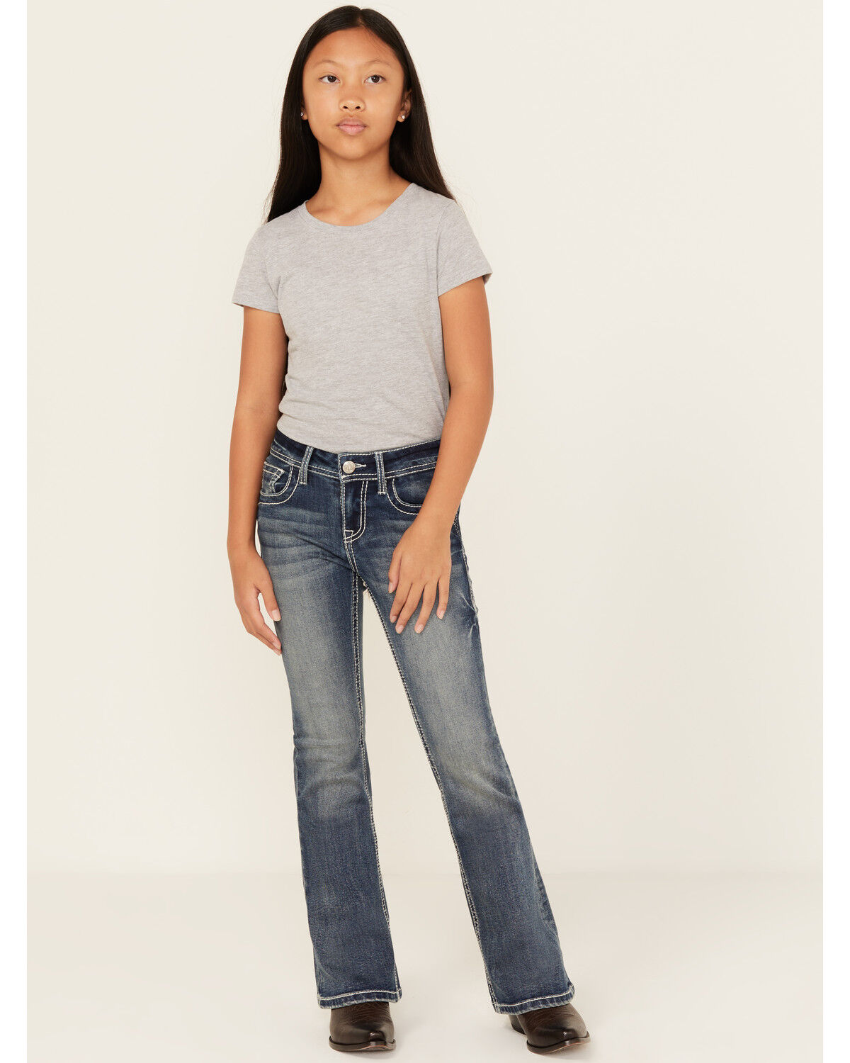 Grace In LA Girls' Leaf Embroidered Flare Stretch Denim Jeans