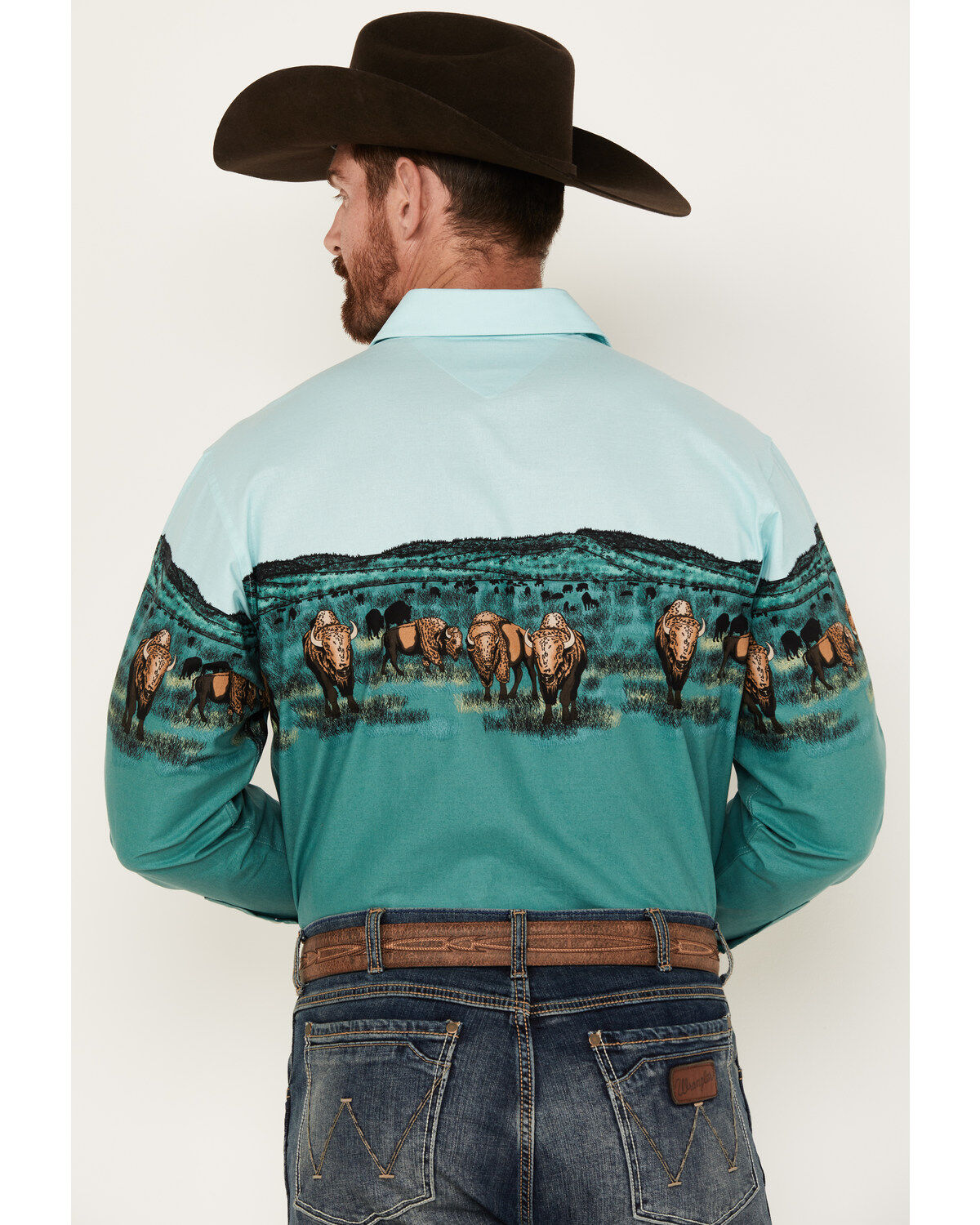 Panhandle Men's Buffalo Border Print Long Sleeve Pearl Snap Western Shirt