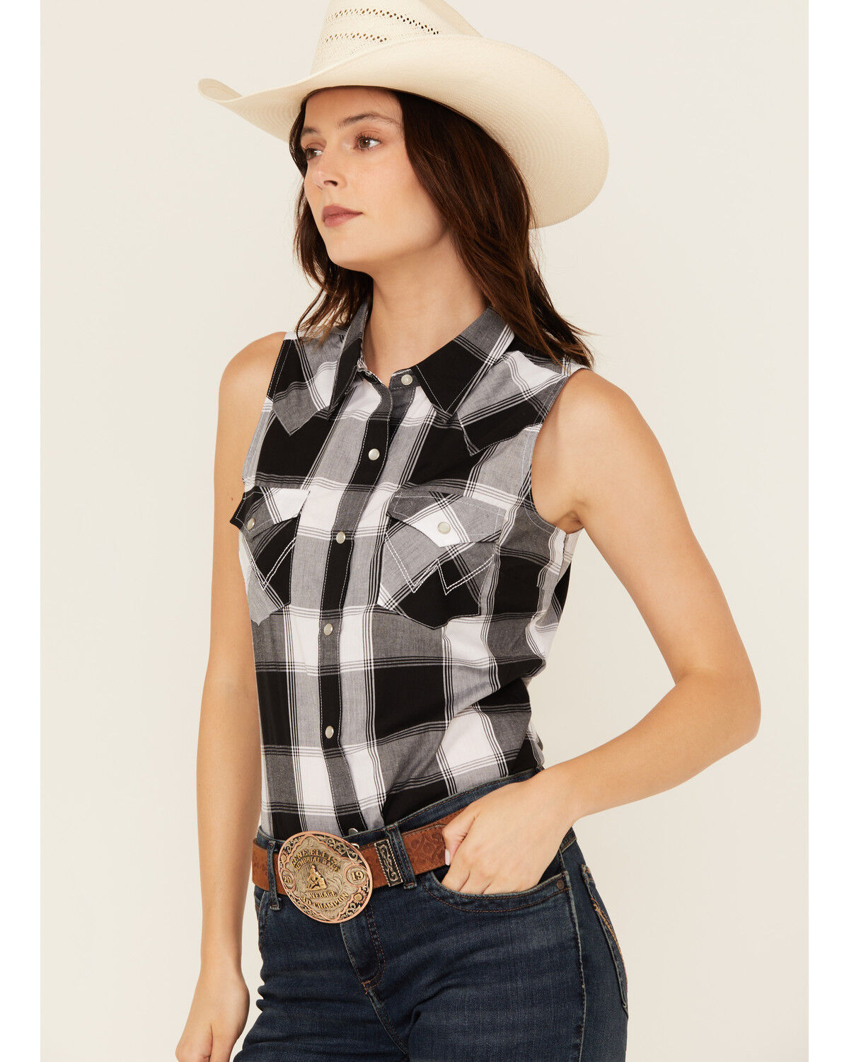 Wrangler Retro Women's Plaid Print Sleeveless Snap Stretch Western Shirt