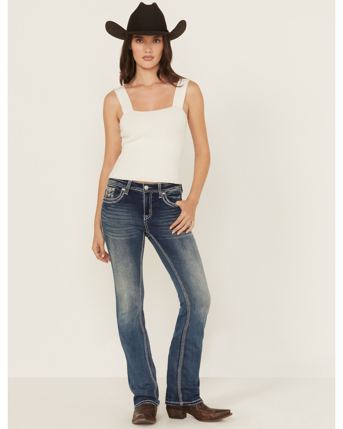 Grace in LA Women's Medium Wash Geo Print Embroidered Bootcut Stretch Denim Jeans