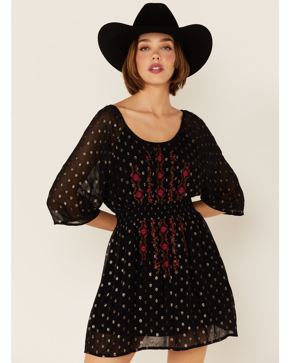 Shyanne Women's Smocked Southwestern Floral Embroidered Mini Dress