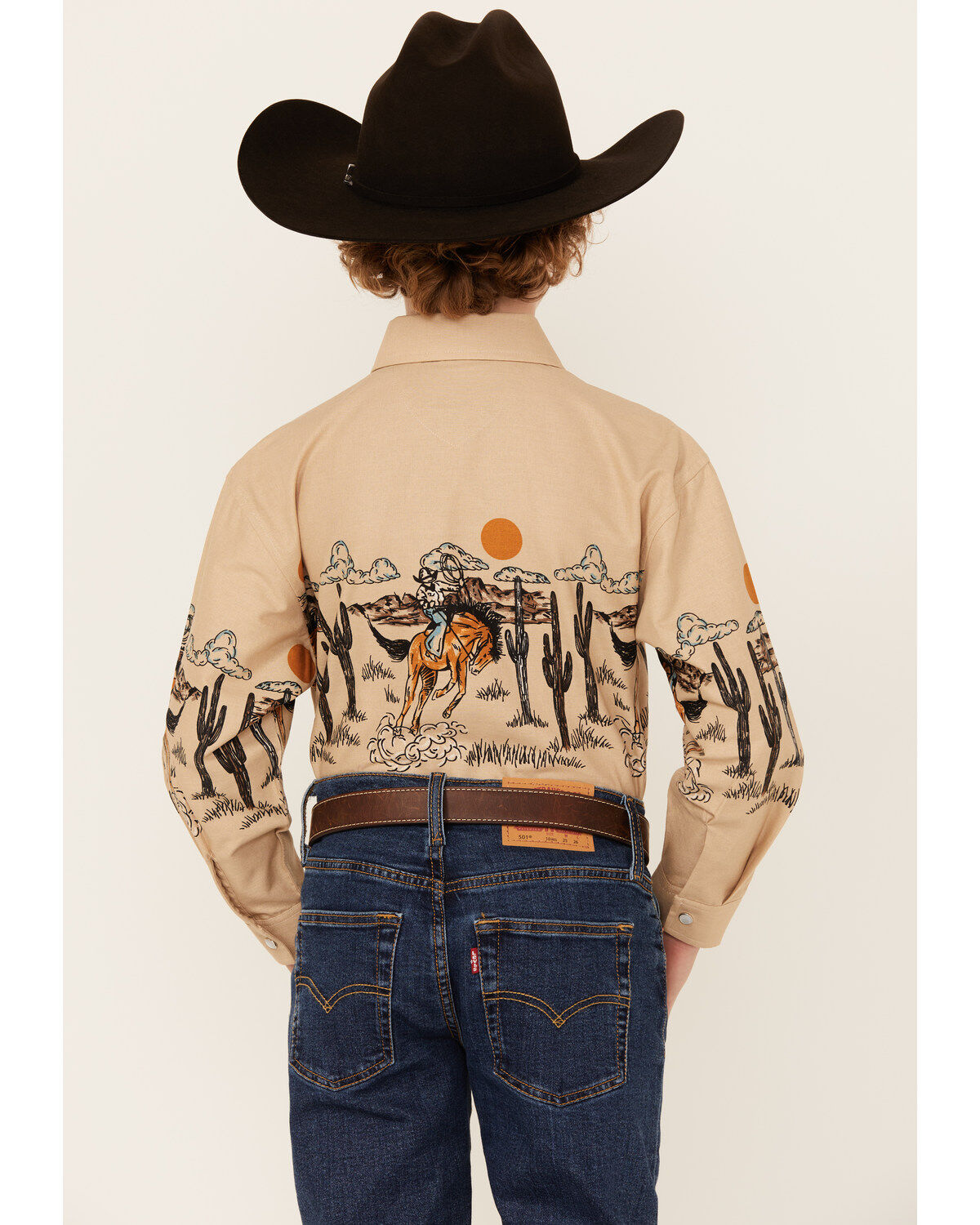 Panhandle Boys' Cowboy Border Print Long Sleeve Pearl Snap Western Shirt