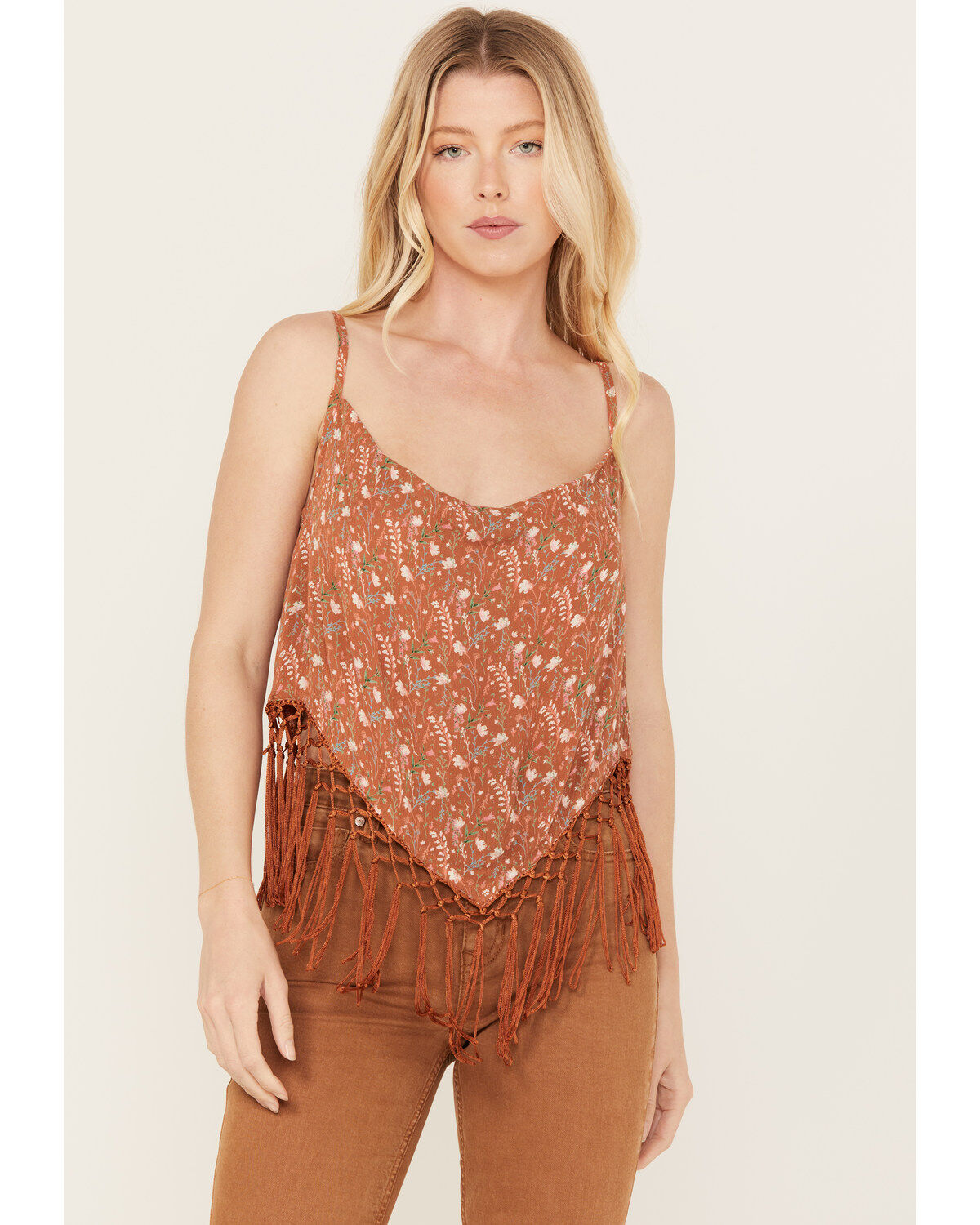 Rock & Roll Denim Women's Floral Fringe Tank Top