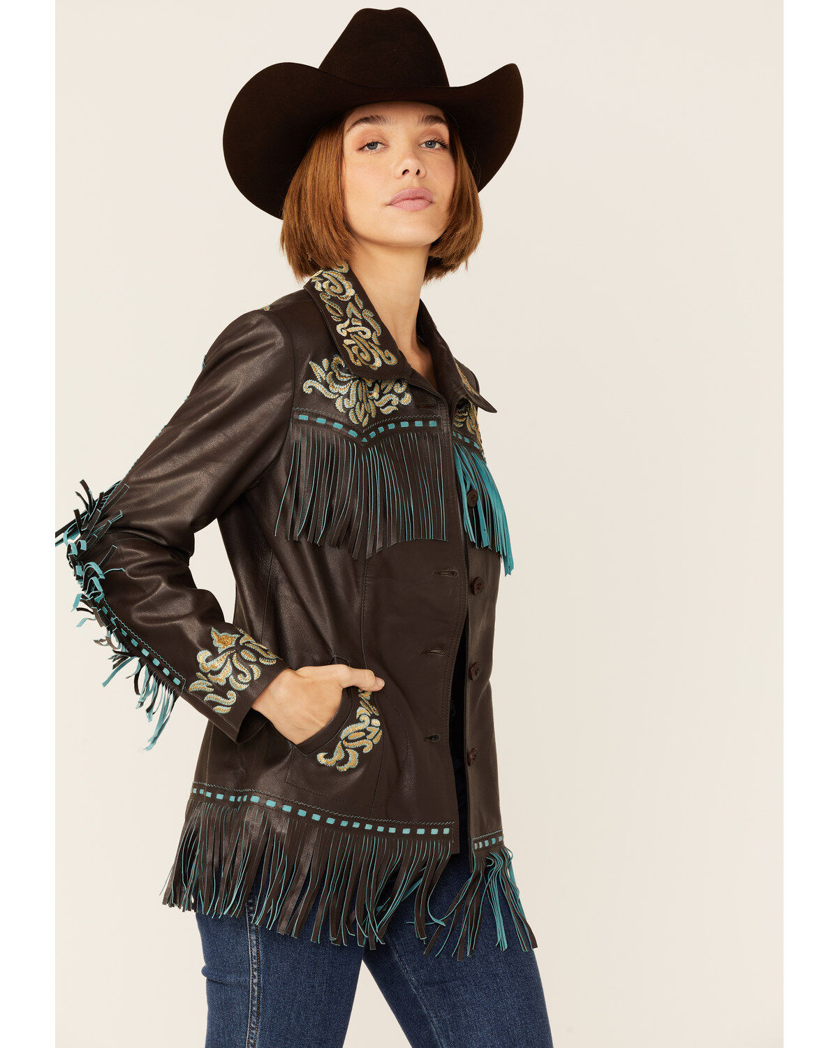 Scully Women's Brown & Turquoise Embroidered Yoke & Fringe Suede Leather Jacket