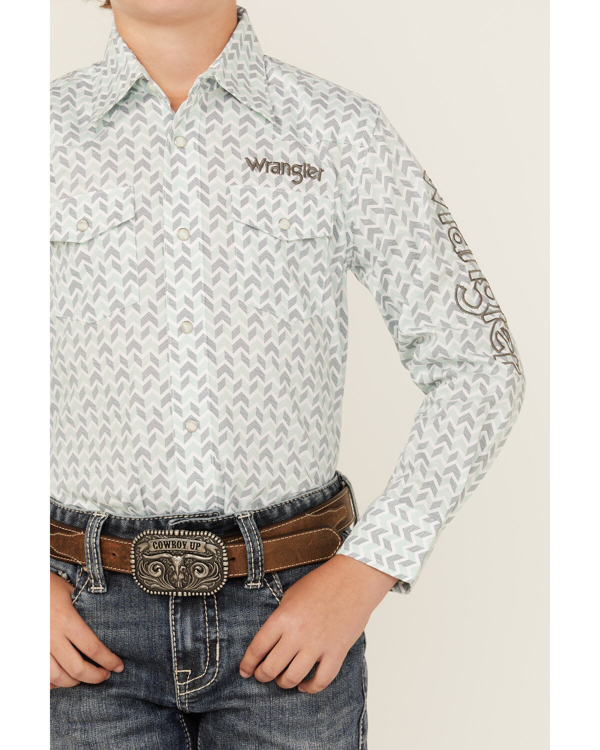 Wrangler Boys' Geo Print Logo Long Sleeve Pearl Snap Western Shirt
