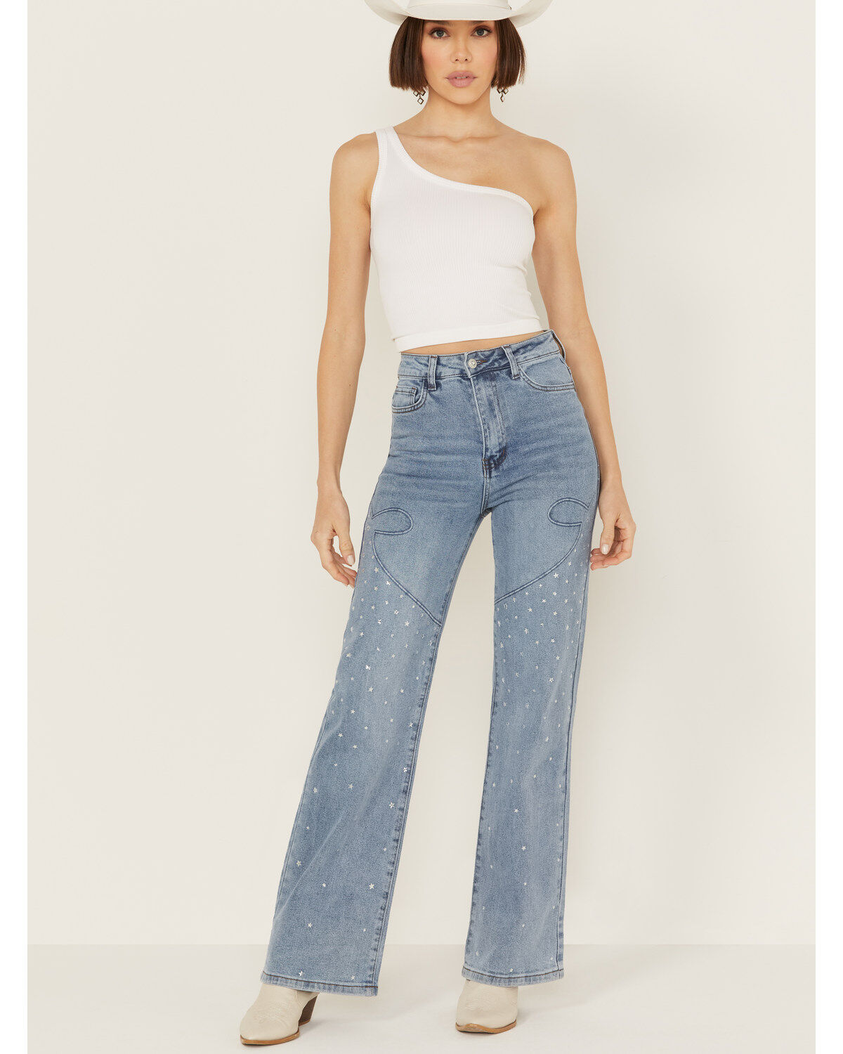 Vibrant Denim Women's Medium Wash High Rise Wide Leg Embellished Denim Jeans