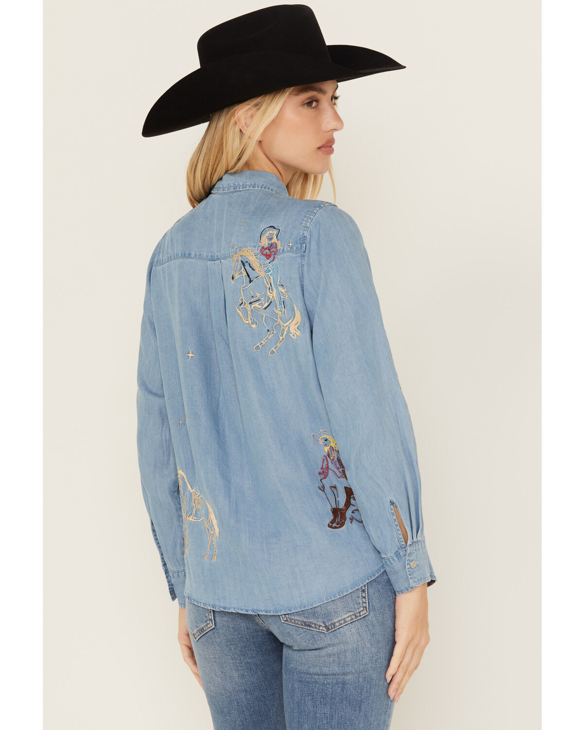 Blue B Women's Cowgirl Embroidered Long Sleeve Button-Down Denim Shirt