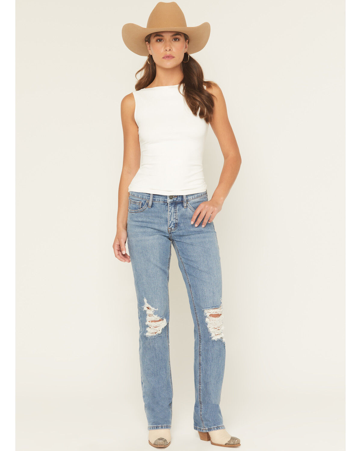 Rock & Roll Denim Women's Medium Wash High Rise Distressed Modest Bootcut Stretch Denim Jeans