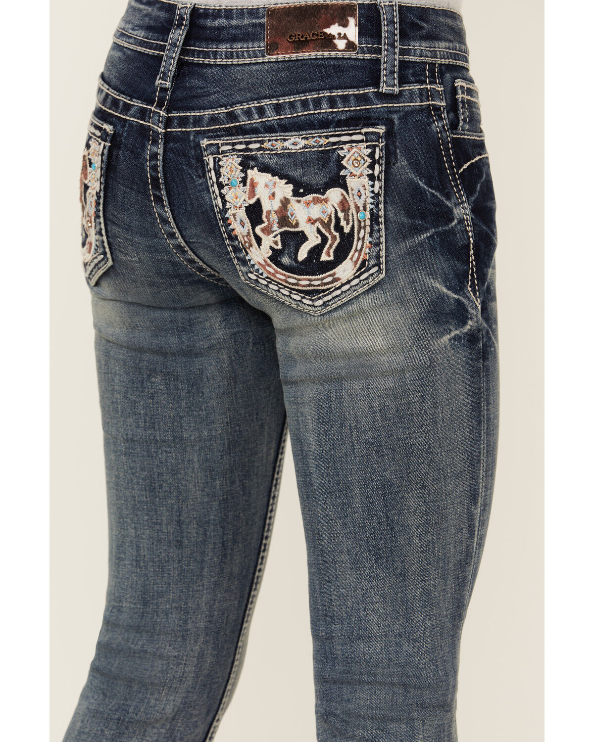 Grace in LA Girls' Medium Wash Horse Patch Pocket Bootcut Stretch Denim Jeans