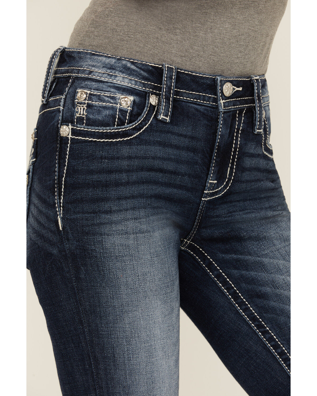 Miss Me Women's Dark Wash Mid Rise Wing Pocket Bootcut Stretch Denim Jeans