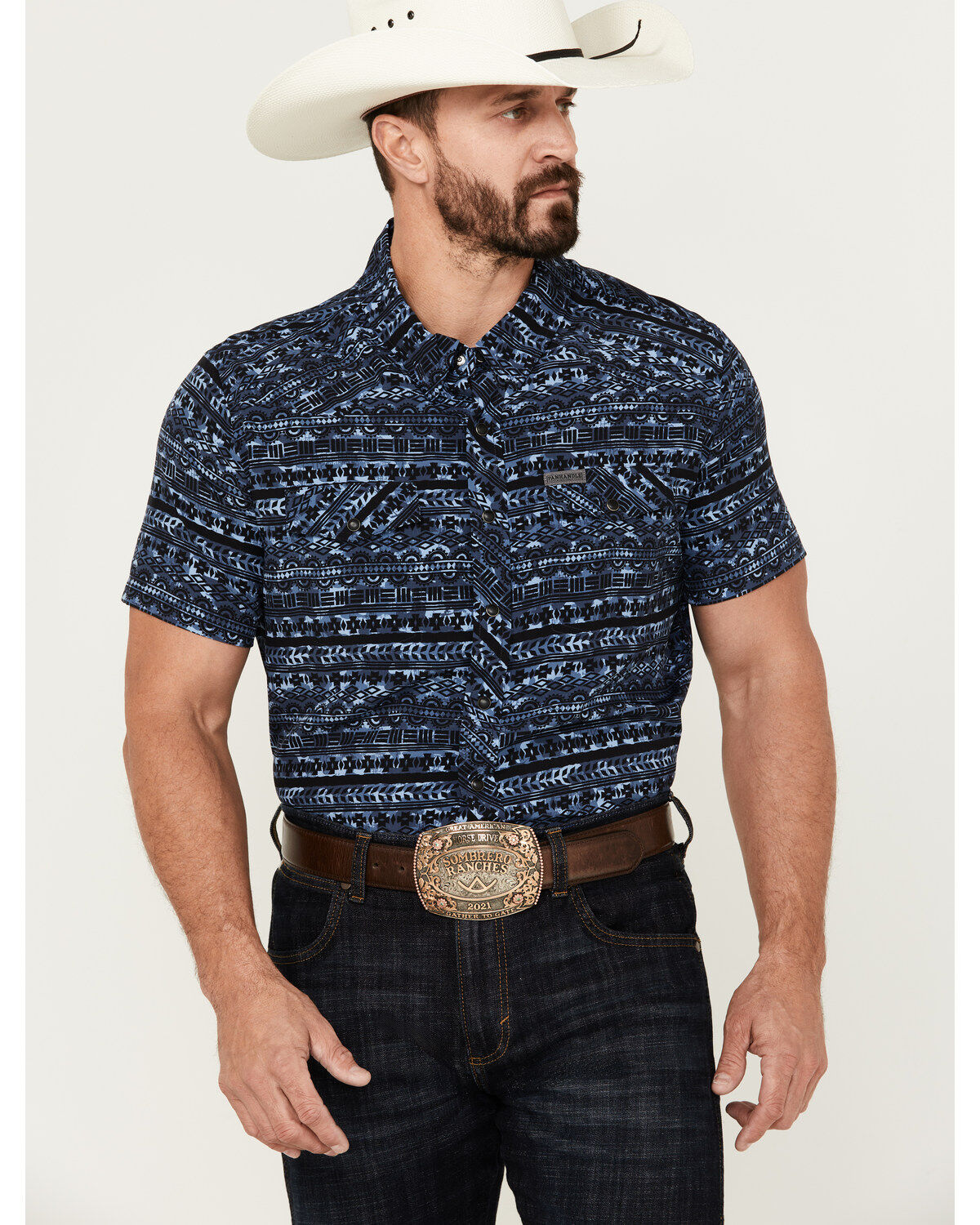 Rock & Roll Denim Men's Southwestern Print Short Sleeve Pearl Snap Performance Western Shirt