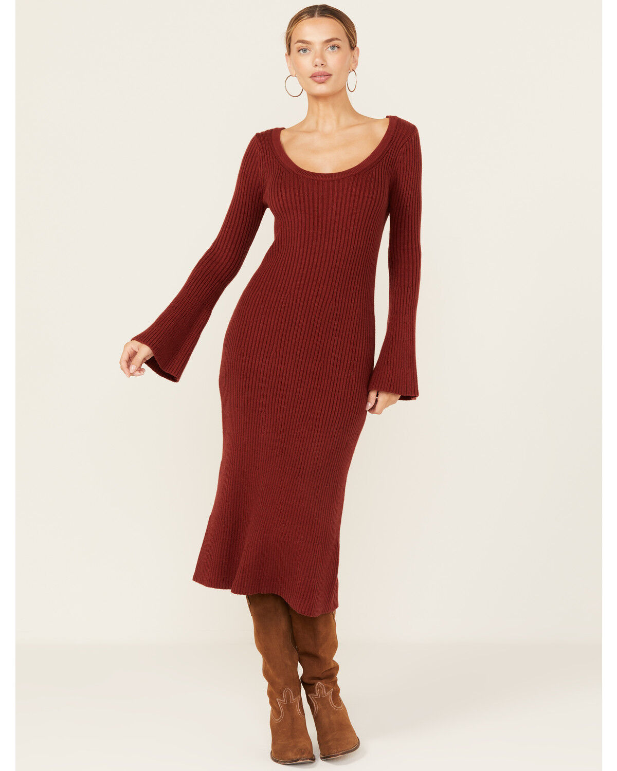 Revel Women's Solid Bell Sleeve Sweater Midi Dress