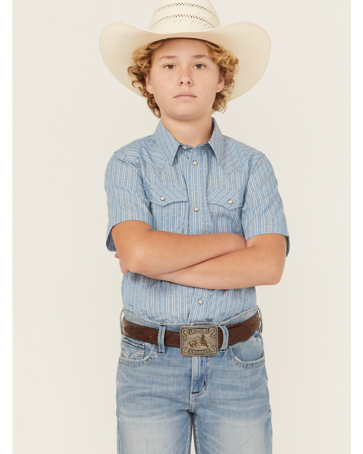 Cody James Boys' Cowboy Way Striped Print Short Sleeve Snap Western Shirt