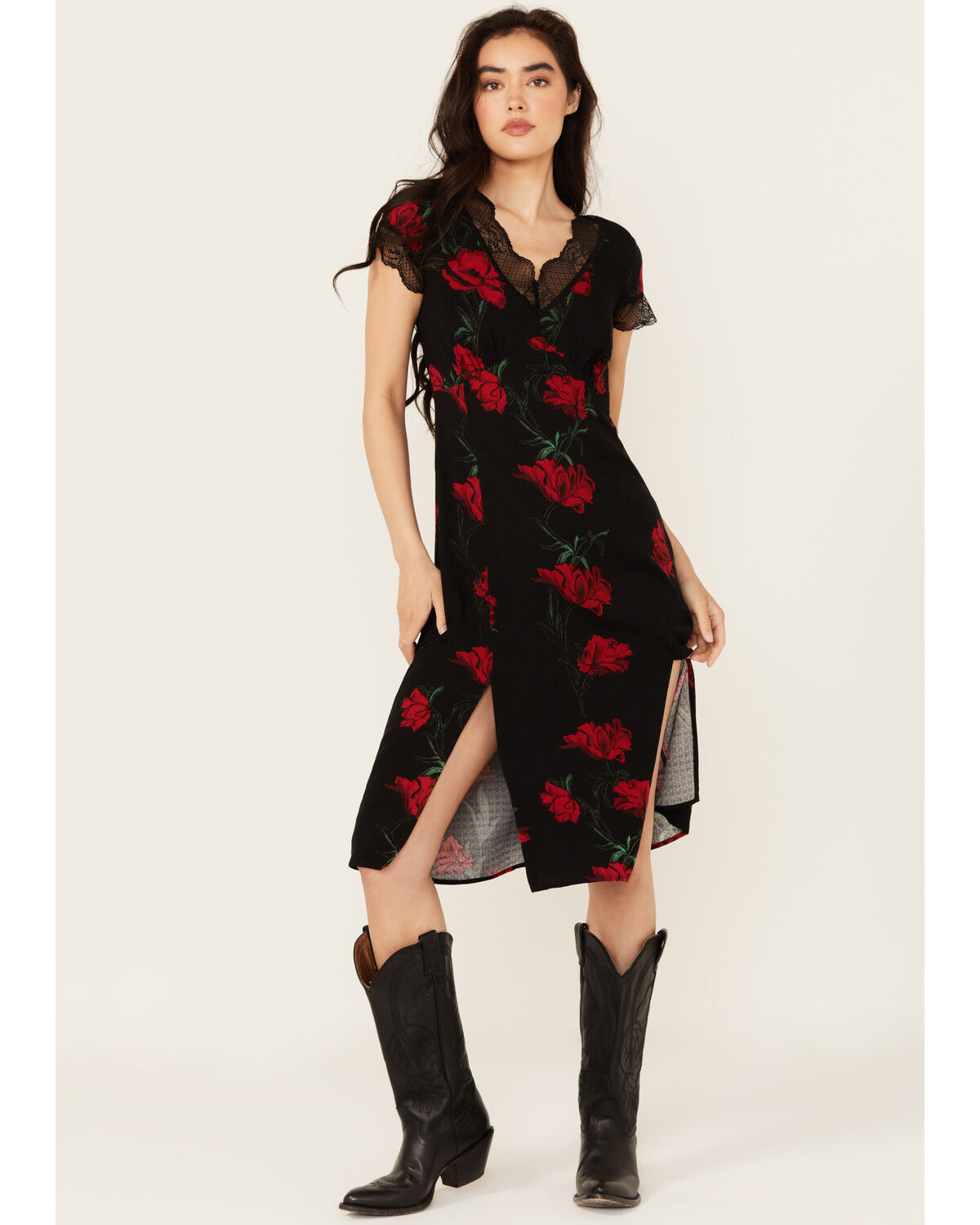 Idyllwind Women's Rosely Floral Print Lace Trim Midi Dress