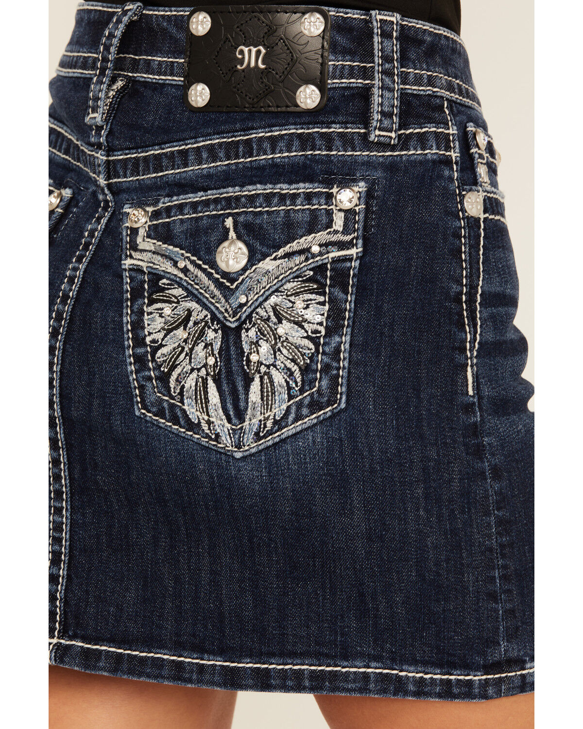 Miss Me Women's Dark Wash Embroidered Pocket Stretch Denim Mini Skirt