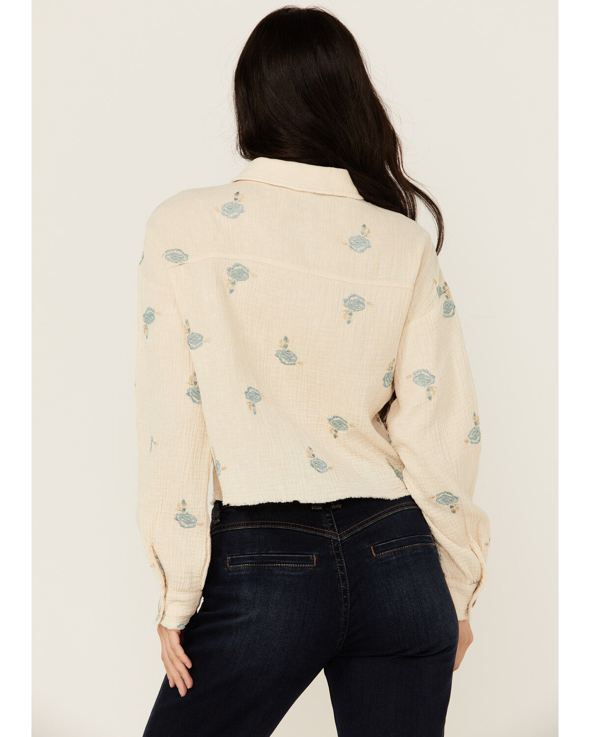 Mystree Women's Floral Embroidered Long Sleeve Button-Down Shirt