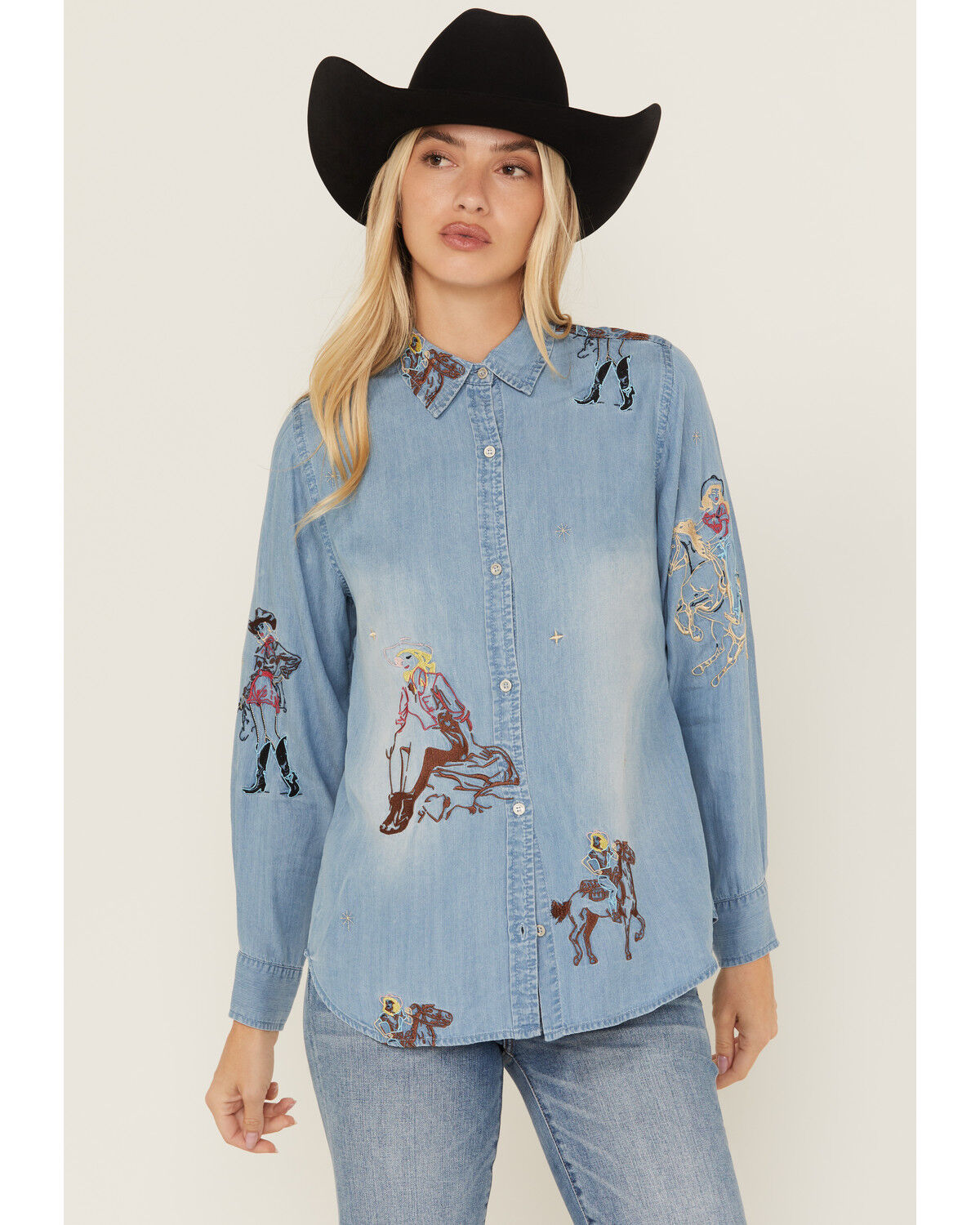 Blue B Women's Cowgirl Embroidered Long Sleeve Button-Down Denim Shirt
