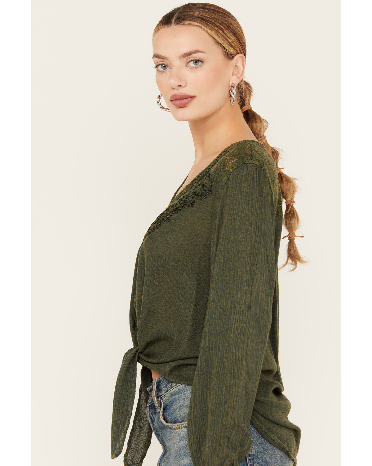 Nostalgia Women's Embroidered Tie Front Long Sleeve Top
