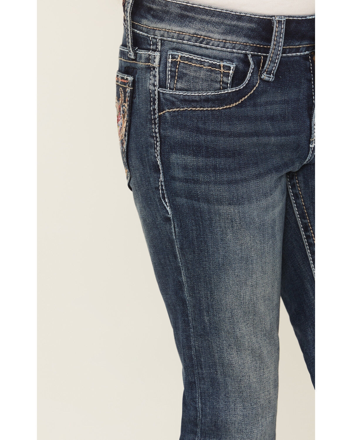 Grace In LA Girls' Floral Steerhead Embroidered Dark Wash Bootcut Stretch Denim Jeans