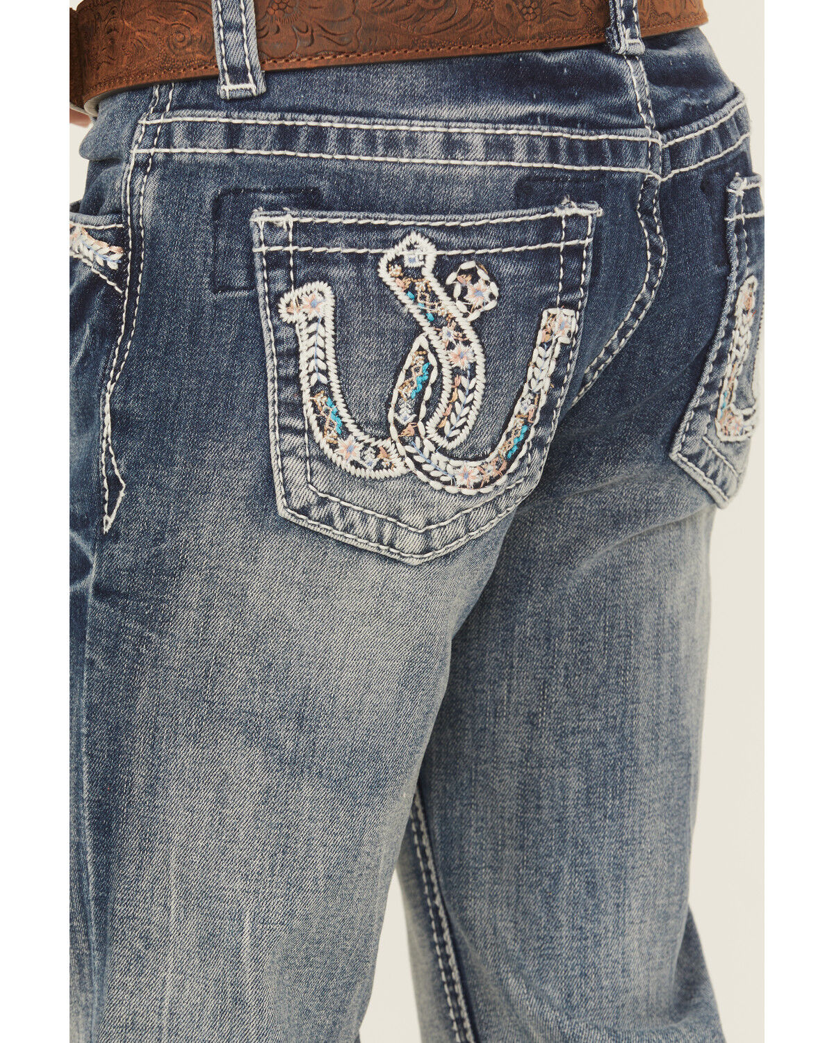 Grace in LA Little Girls' Light Wash Double Horseshoe Pocket Bootcut Stretch Denim Jeans