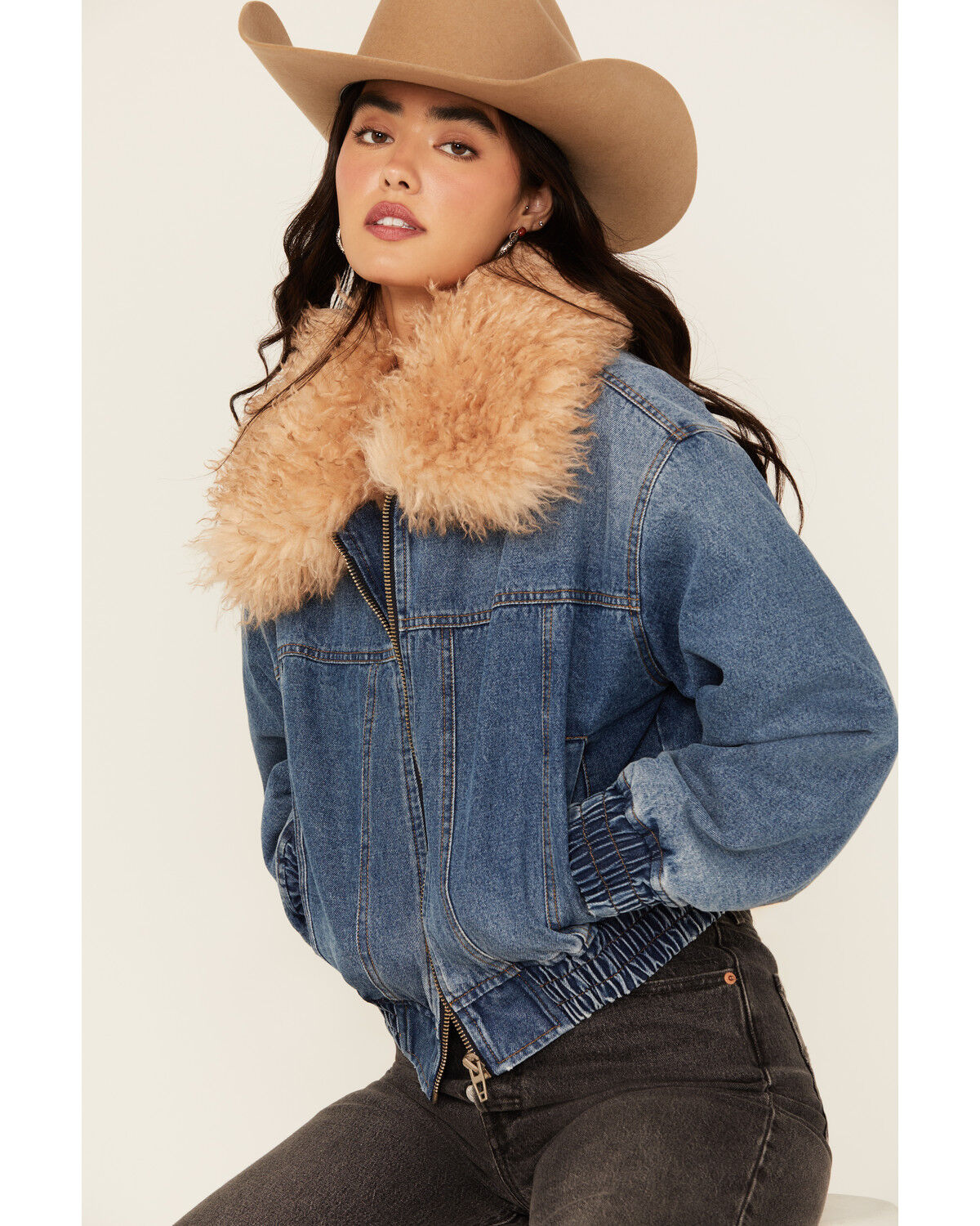 BLANKNYC Women's Fur Collar Denim Bomber Jacket