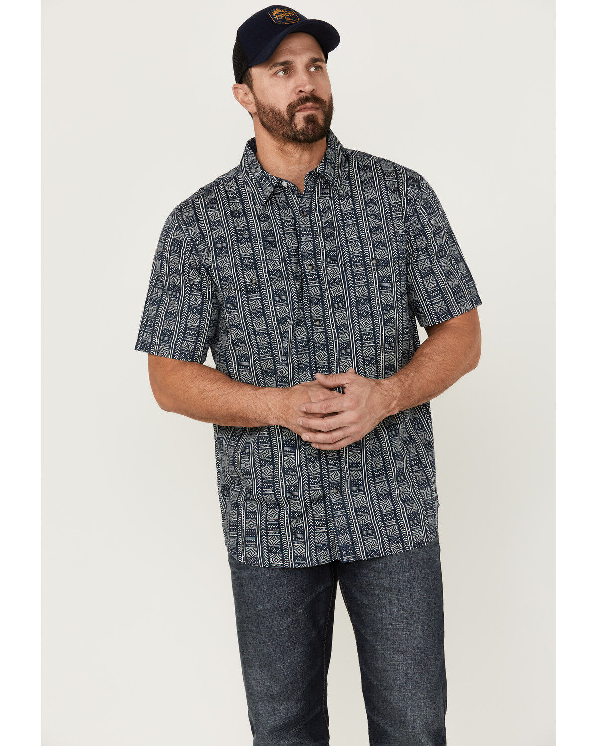 Moonshine Spirit Men's Tikki Pole Southwestern Stripe Short Sleeve Snap Western Shirt