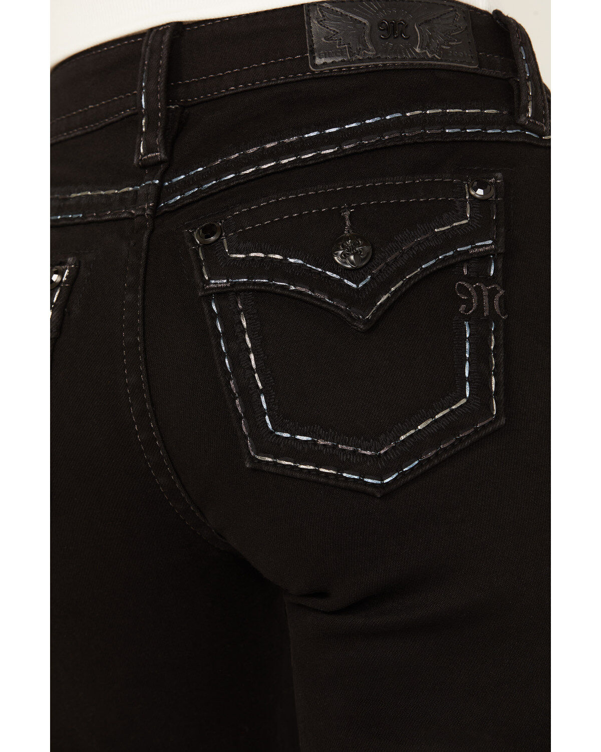 Miss Me Women's Mid Rise Border Pocket Bootcut Stretch Denim Jeans