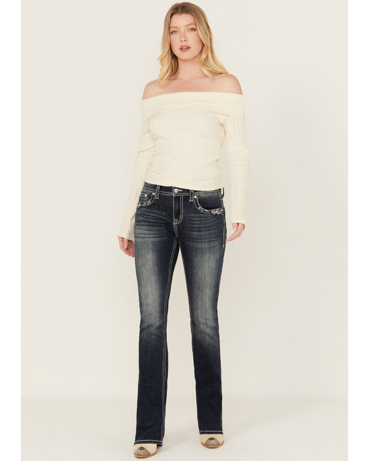 Grace in LA Women's Dark Wash Mid Rise Floral Pocket Bootcut Stretch Denim Jeans