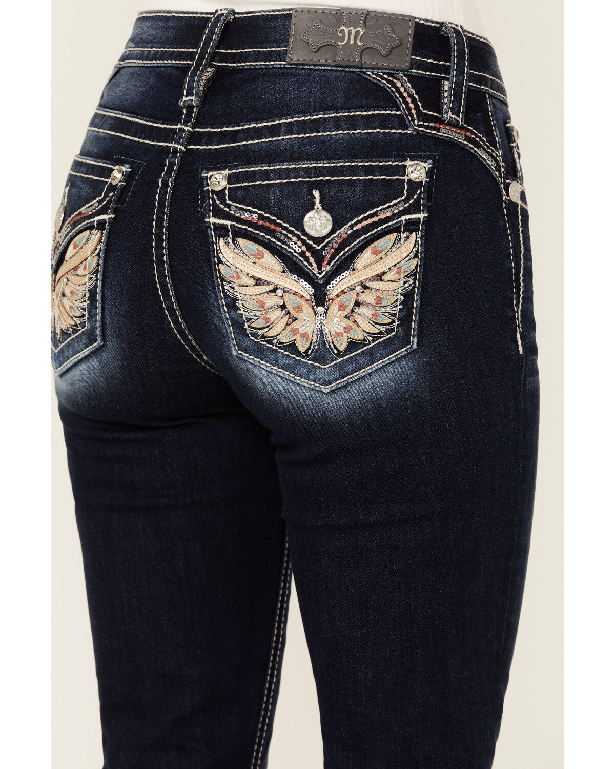 Miss Me Women's Dark Wash Wing Pocket Bootcut Stretch Denim Jeans
