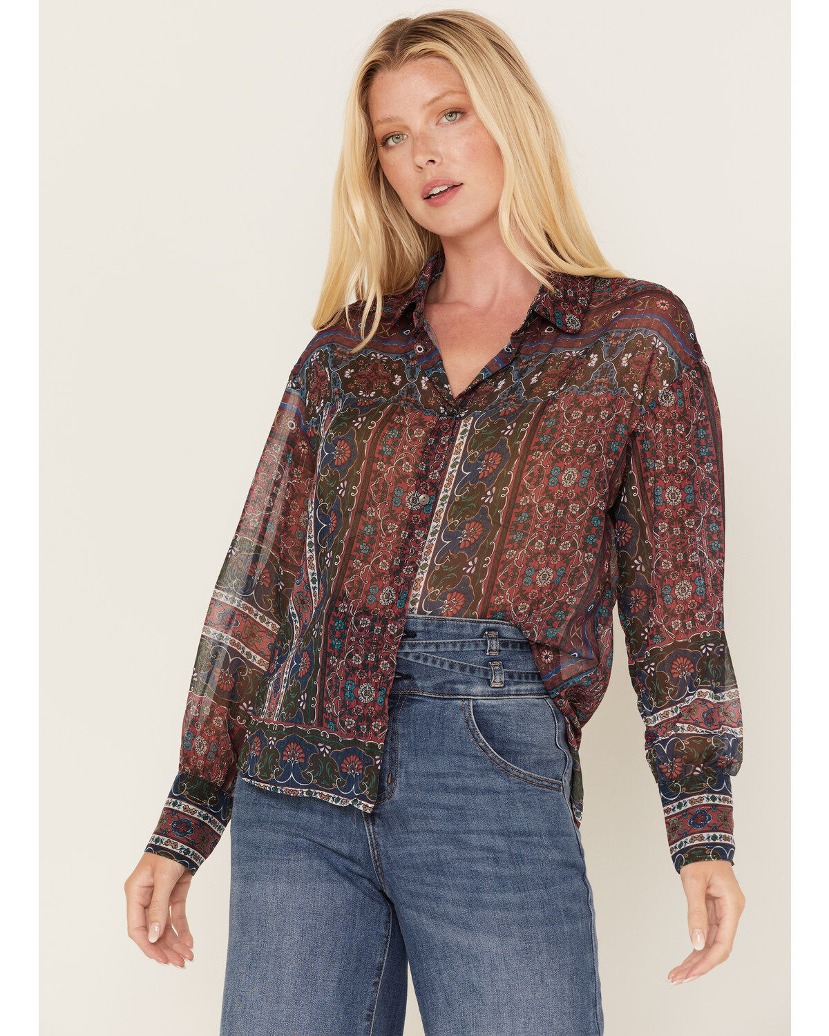 Molly Bracken Women's Metallic Floral Stripe Blouse