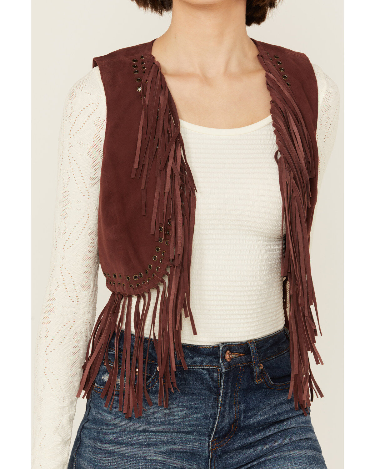 Shyanne Women's Short Fringe and Eyelet Suede Vest