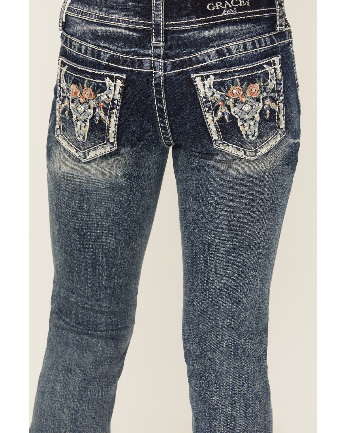 Grace In La Girls' Floral Steerhead Embroidered And Embellished Bootcut Stretch Denim Jeans
