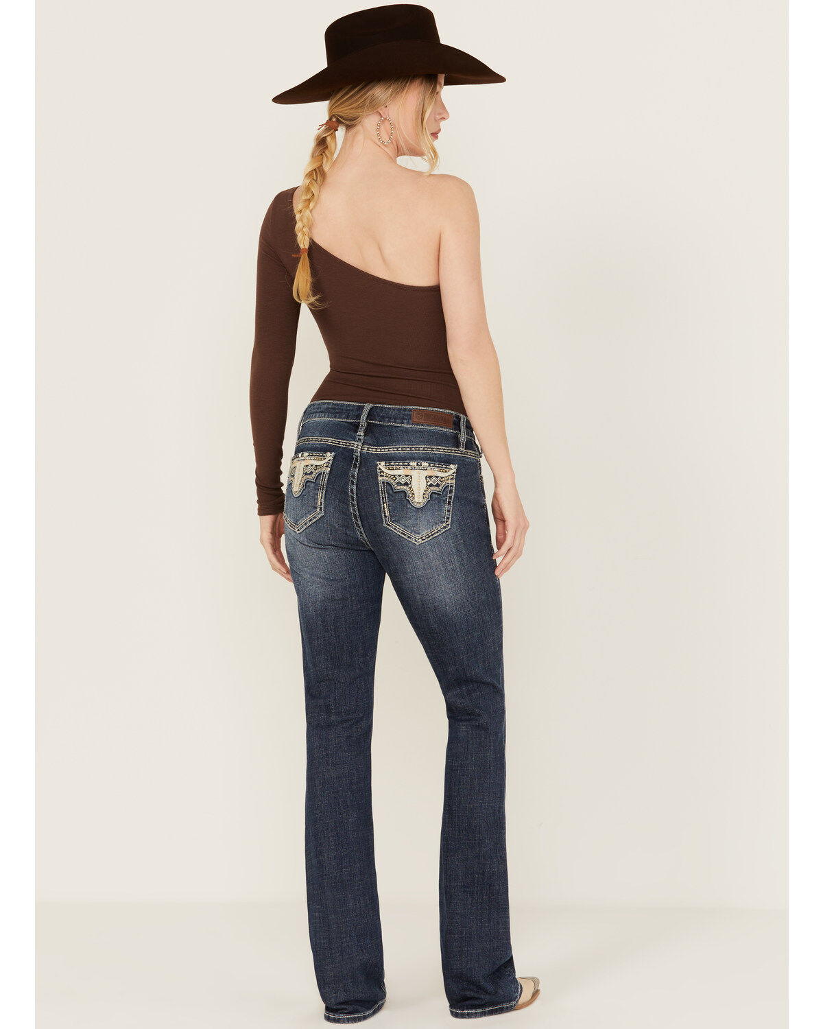 Rock & Roll Denim Women's Medium Wash Mid Rise Steer Head Bootcut Stretch Denim Jeans