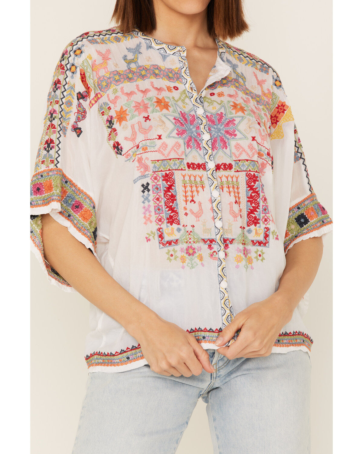 Johnny Was Women's Xylia Embroidered Wildlife & Floral Short Sleeve Blouse