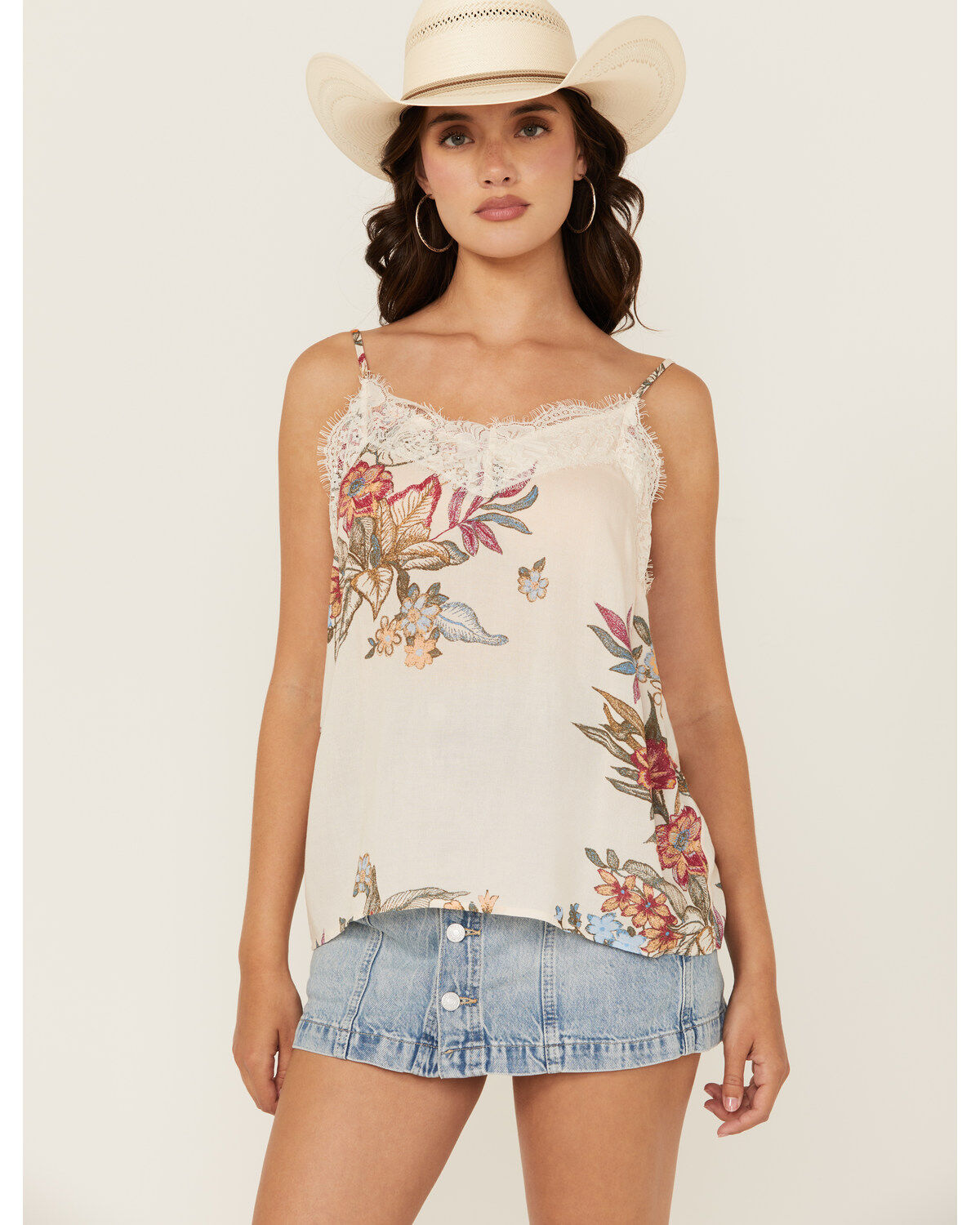 Wild Moss Women's Floral Print Lace Trim Cami Tank Top