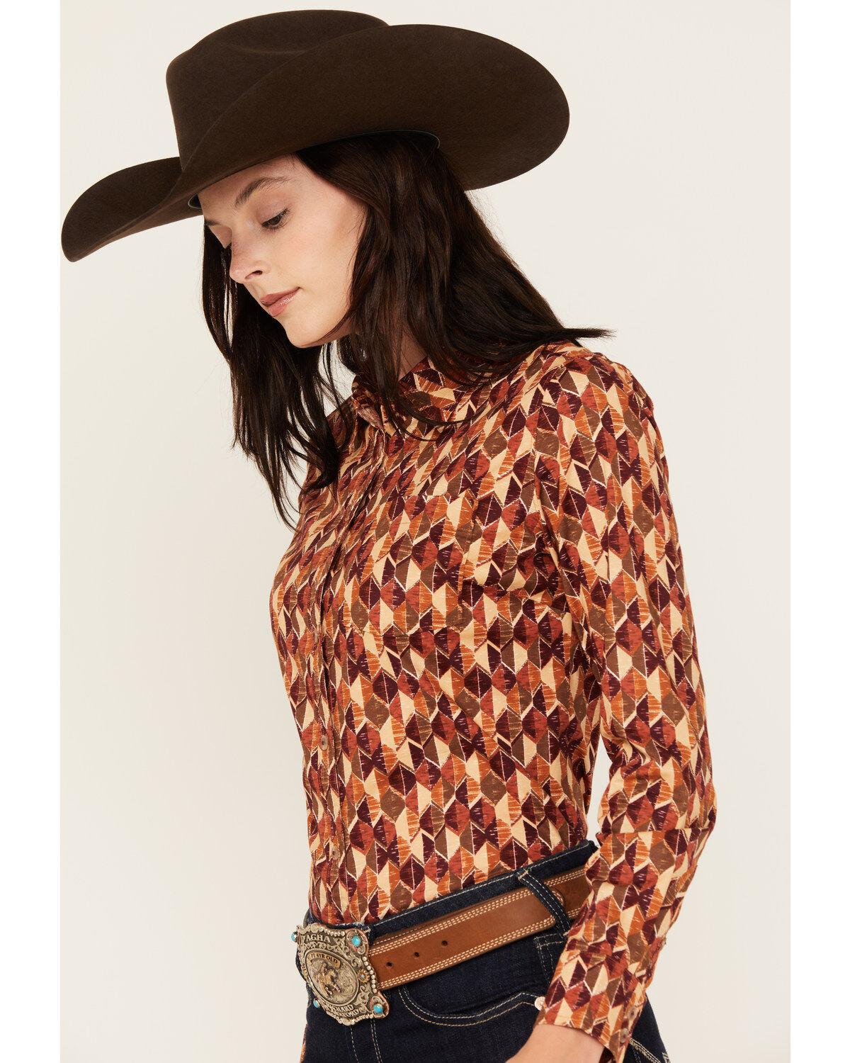 Shyanne Women's Diamond Printed Long Sleeve Button-Down Stretch Western Riding Shirt