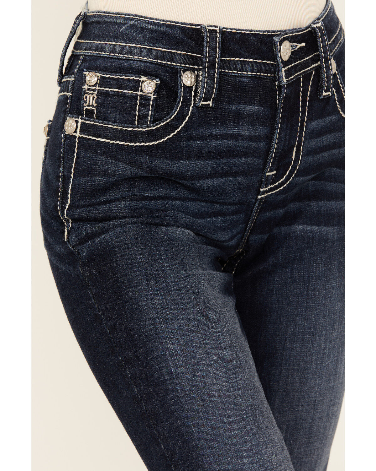 Miss Me Women's Dark Wash Mid Rise Dream Catcher Pocket Bootcut Stretch Denim Jeans